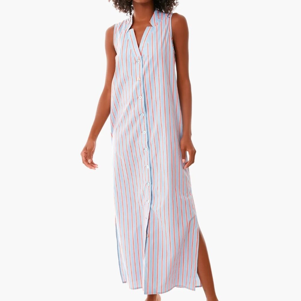 Tuckernuck Light Blue and Red Striped Sleeveless Maxi Shirt Dress